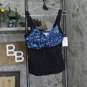 Mimi Flamingo Solver Sport Womens Tribal Stripe Tankini Top Swim Blue / Black 14